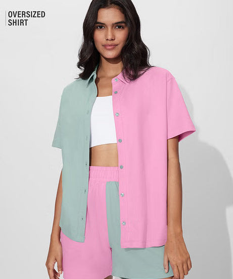 Solids Pink, Green Colourblock Women Boyfriend Shirts
