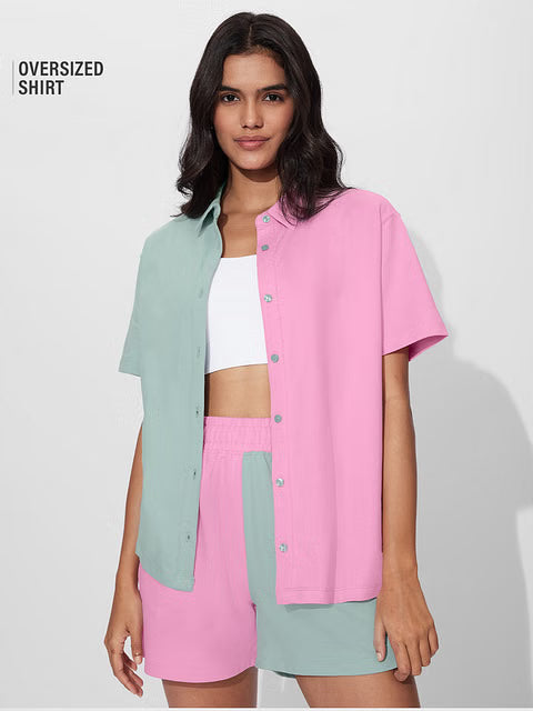 Solids Pink, Green Colourblock Women Boyfriend Shirts