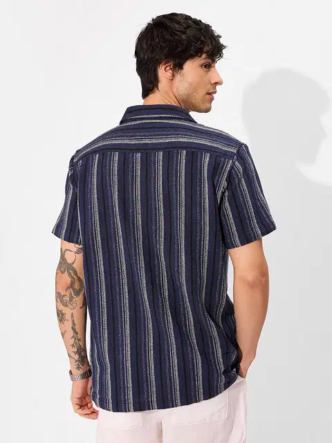 Navy Men Textured Shirts