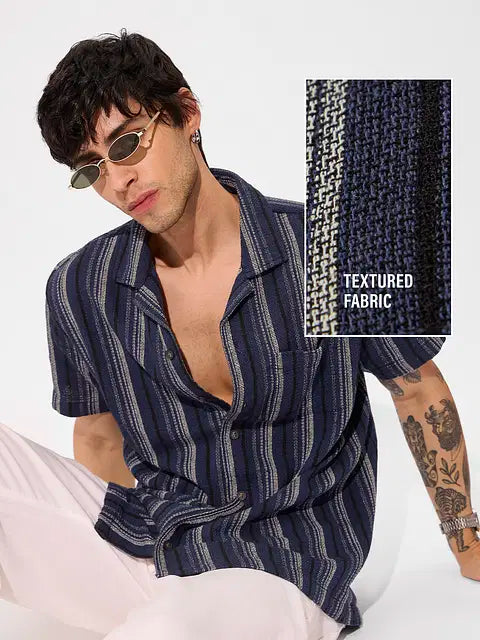 Navy Men Textured Shirts