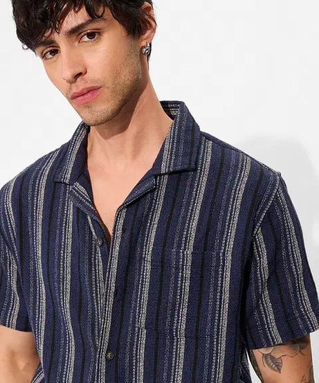 Navy Men Textured Shirts