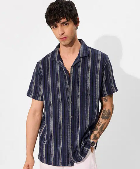 Navy Men Textured Shirts