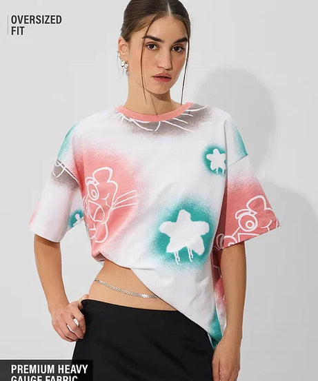Pink Panther Paws & Paint Women Oversized T-Shirts