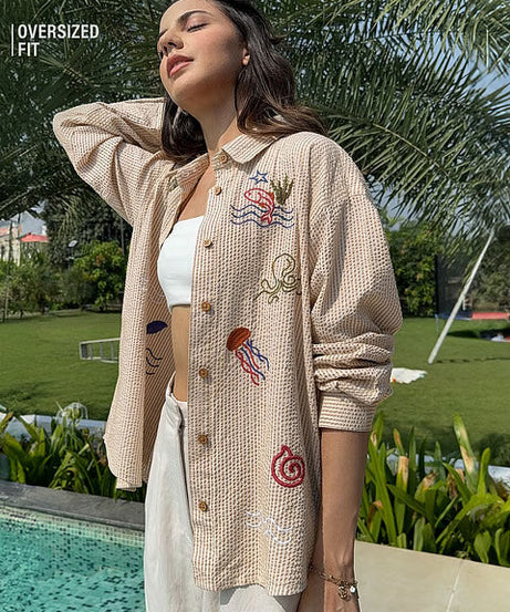 Textured Marine Women Boyfriend Shirts