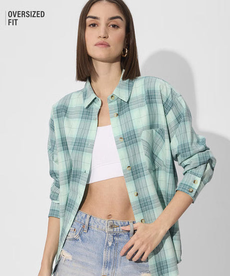 Plaid Azure Women Boyfriend Shirts
