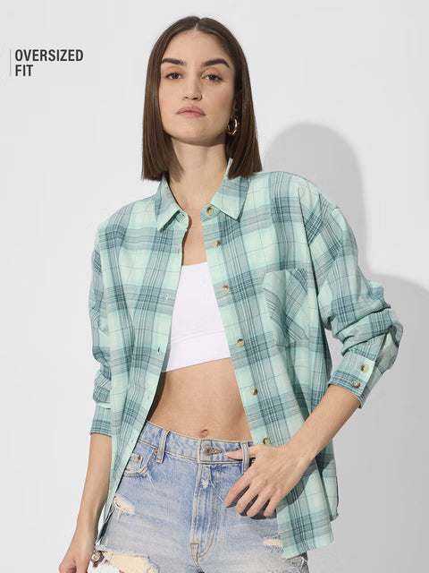 Plaid Azure Women Boyfriend Shirts