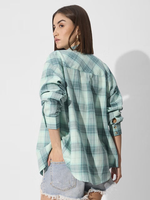 Plaid Azure Women Boyfriend Shirts