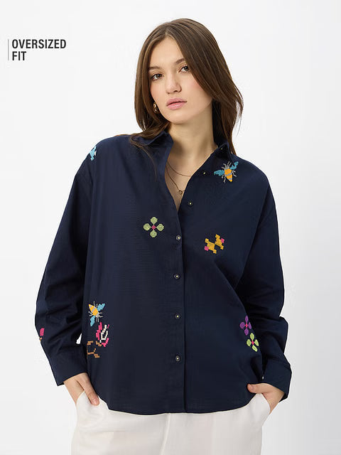 Embroidered Magnolia Women Boyfriend Shirts