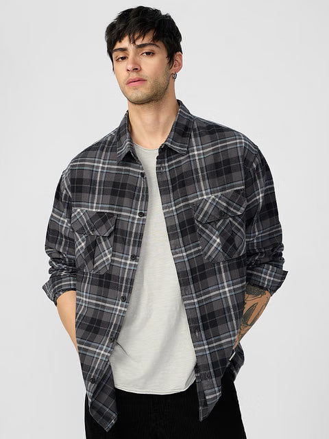 Plaid Greyscale Men Utility Shirts