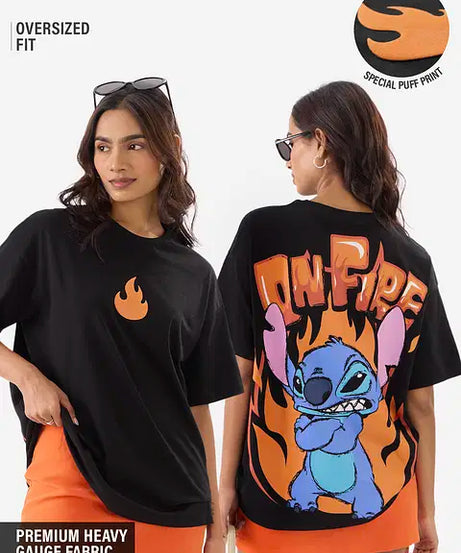 Disney Stitch On Fire Women Oversized T-Shirts