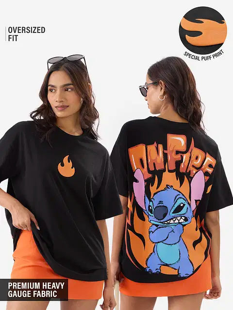 Disney Stitch On Fire Women Oversized T-Shirts