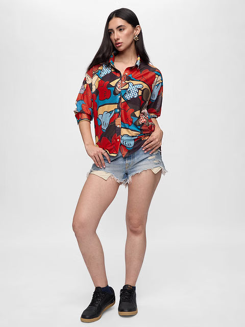 Mesh Mickey Mouse Abstract Women Boyfriend Shirts