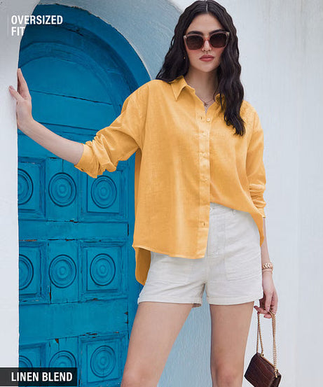 Cotton Linen Sunny Orange Women Boyfriend Shirts