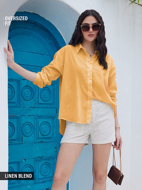 Cotton Linen Sunny Orange Women Boyfriend Shirts