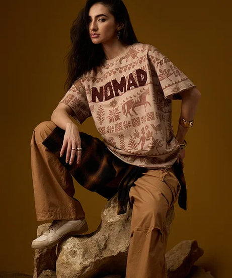Nomad Indus Brown Women Oversized T-Shirts