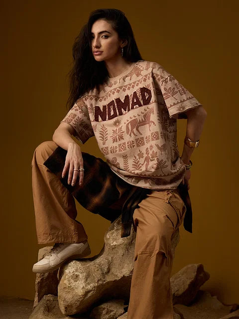 Nomad Indus Brown Women Oversized T-Shirts
