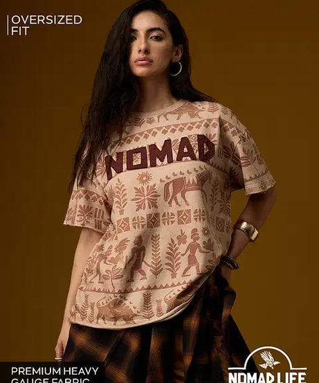 Nomad Indus Brown Women Oversized T-Shirts