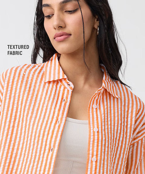 Textured Stripes Tangerine Women Cropped Shirts