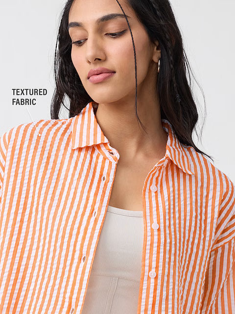 Textured Stripes Tangerine Women Cropped Shirts