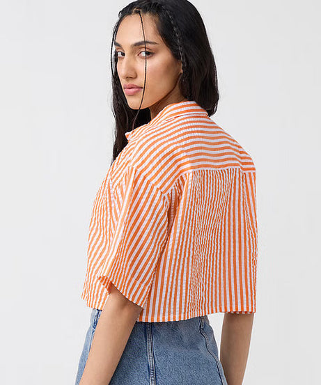 Textured Stripes Tangerine Women Cropped Shirts