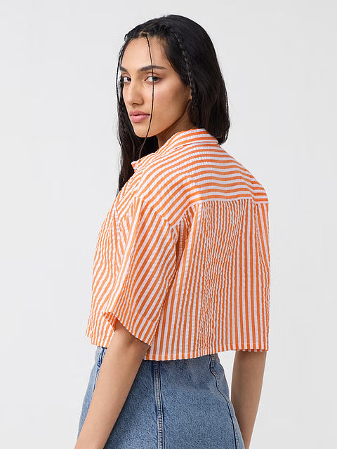 Textured Stripes Tangerine Women Cropped Shirts
