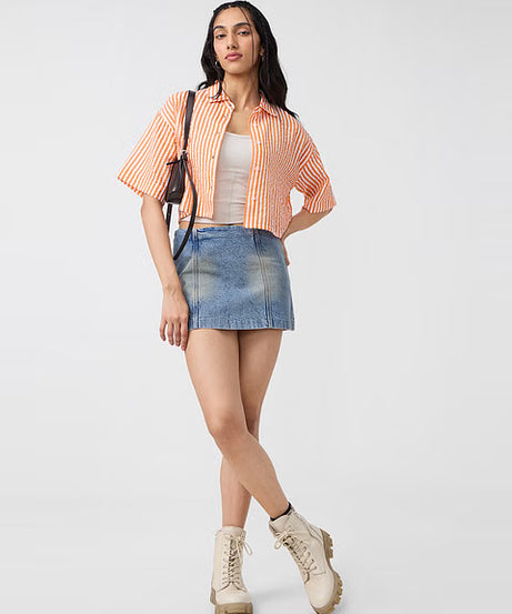 Textured Stripes Tangerine Women Cropped Shirts
