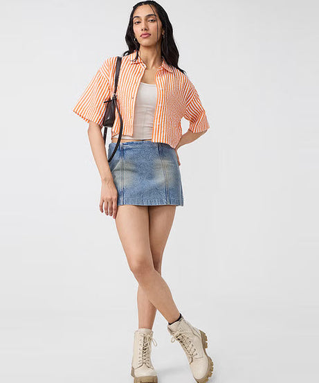 Textured Stripes Tangerine Women Cropped Shirts