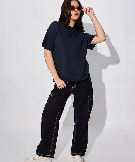 Solids Navy Women Oversized T-Shirts
