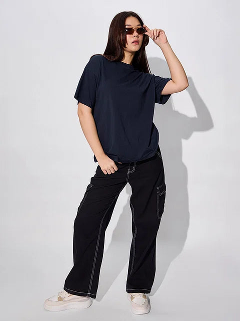 Solids Navy Women Oversized T-Shirts