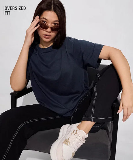 Solids Navy Women Oversized T-Shirts