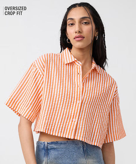 Textured Stripes Tangerine Women Cropped Shirts