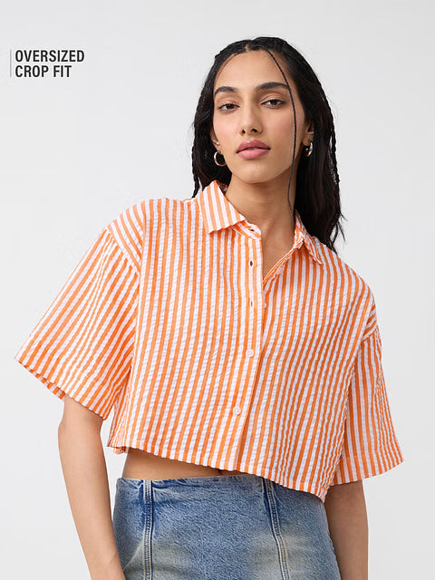 Textured Stripes Tangerine Women Cropped Shirts