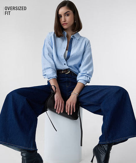 Textured Sky Blue Women Boyfriend Shirts