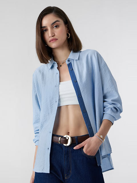 Textured Sky Blue Women Boyfriend Shirts
