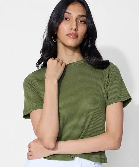 Ribbed Olive Women T-Shirts