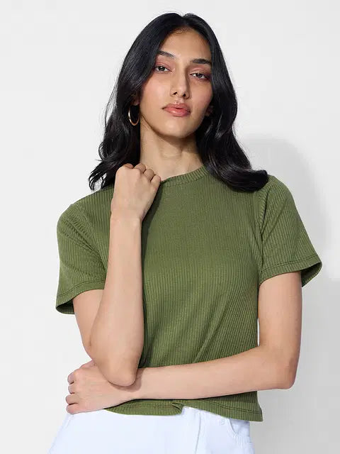 Ribbed Olive Women T-Shirts