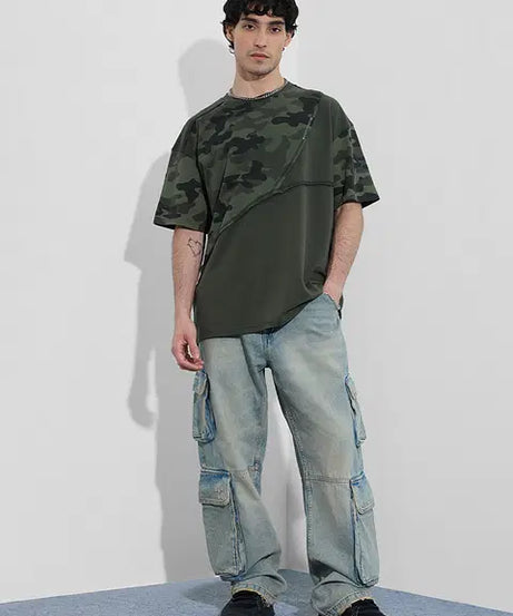 Panel Detail Forest Camo Oversized T-Shirts