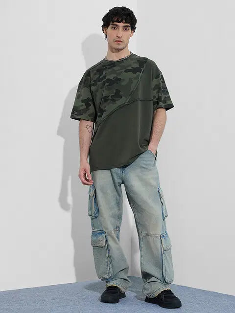 Panel Detail Forest Camo Oversized T-Shirts