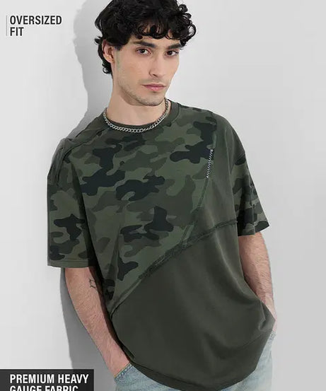 Panel Detail Forest Camo Oversized T-Shirts