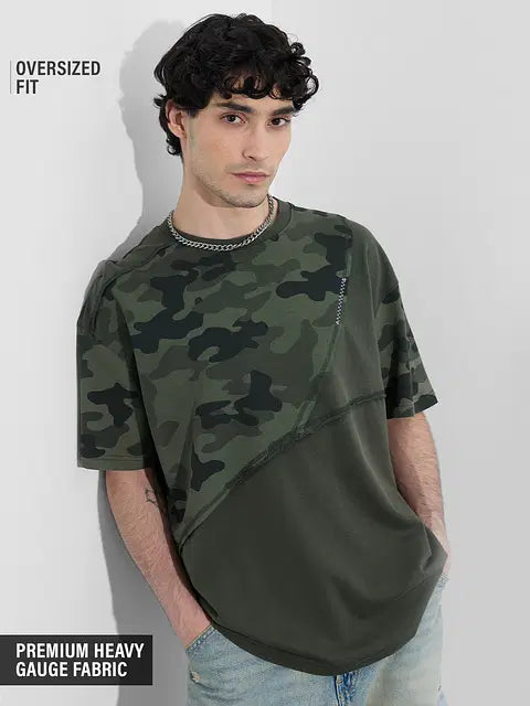 Panel Detail Forest Camo Oversized T-Shirts
