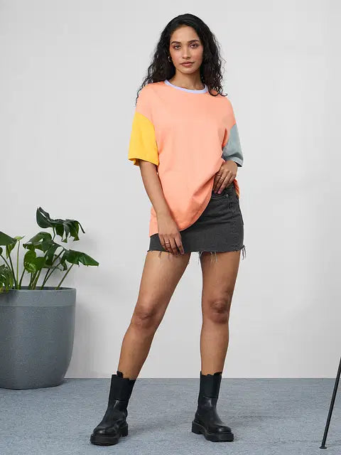 Yellow, Pink & Grey Colourblock Women Oversized T-Shirts