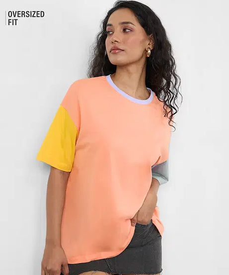Yellow, Pink & Grey Colourblock Women Oversized T-Shirts