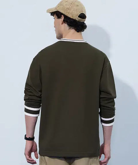 Textured Varsity  Olive Oversized Full Sleeve T-Shirts