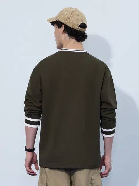 Textured Varsity  Olive Oversized Full Sleeve T-Shirts