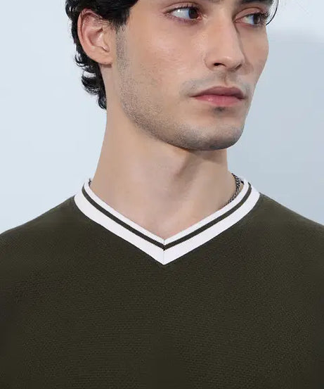 Textured Varsity  Olive Oversized Full Sleeve T-Shirts