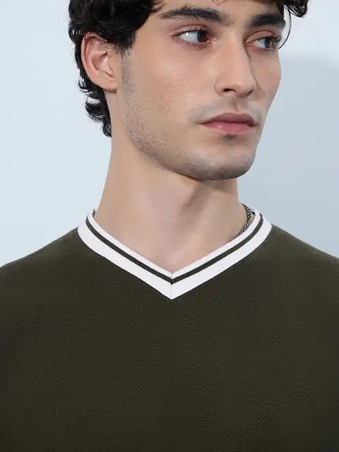 Textured Varsity  Olive Oversized Full Sleeve T-Shirts