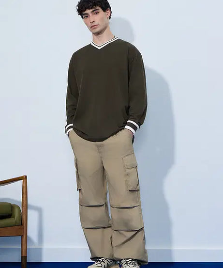 Textured Varsity  Olive Oversized Full Sleeve T-Shirts