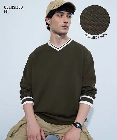 Textured Varsity  Olive Oversized Full Sleeve T-Shirts
