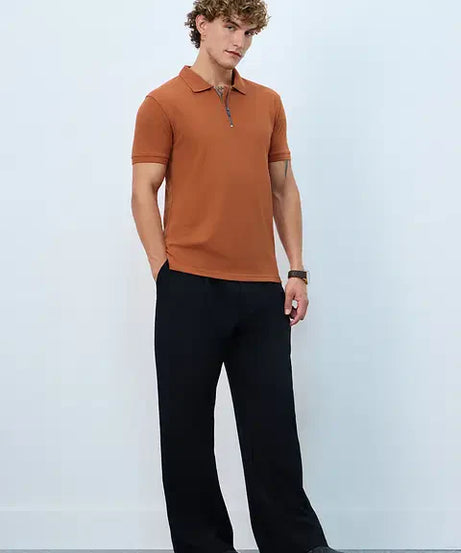 Textured Polo Burnt Orange Zipper Polos