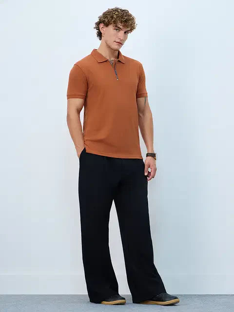 Textured Polo Burnt Orange Zipper Polos